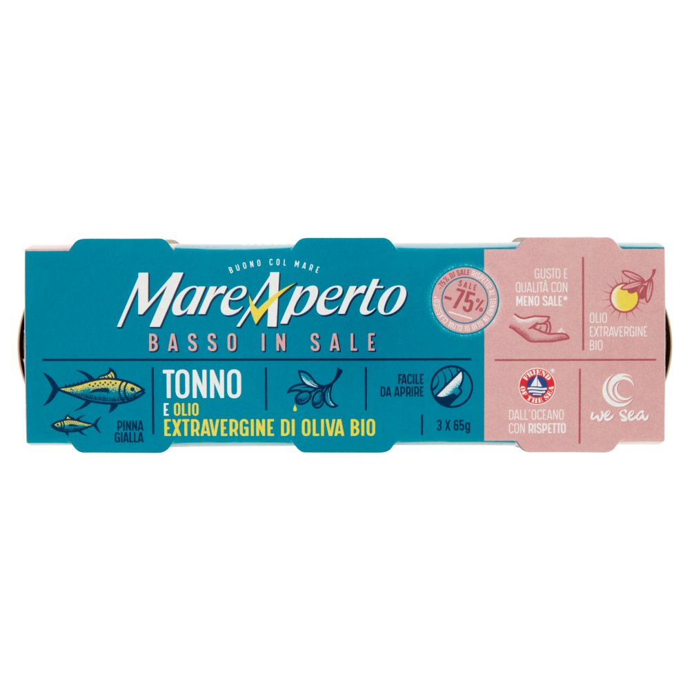 Mare Aperto Tonno Basso Sale in Olio Extravergine di Oliva Bio Gr.65 Pz.3
