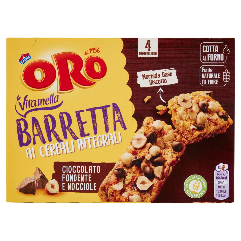 Oro Saiwa Barretta ai Cereali Integrali con Cioccolato e Nocciole Gr.40 Pz.4