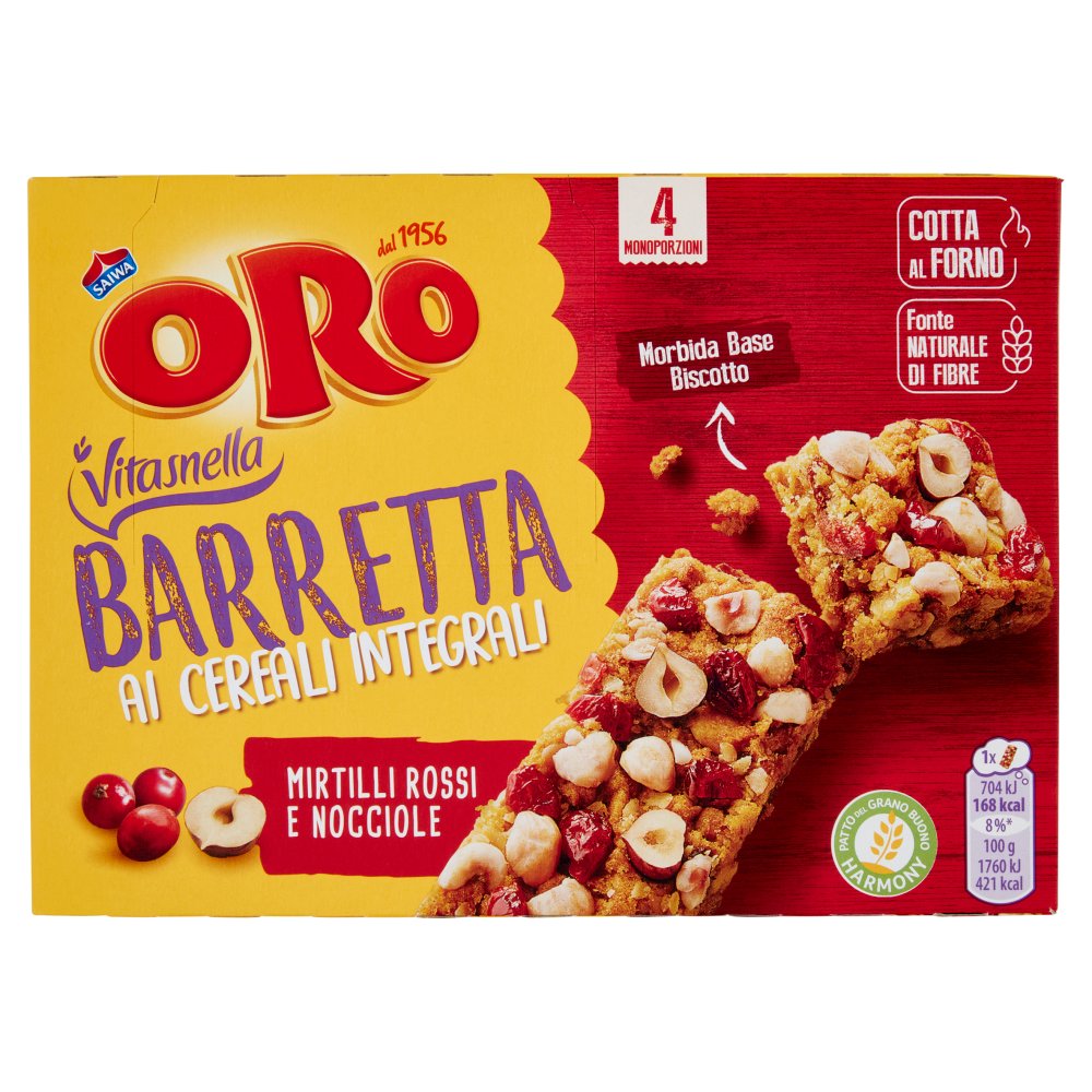 Oro Saiwa Barretta ai Cereali Integrali con Mirtilli Rossi e Nocciole Gr.40 Pz.4