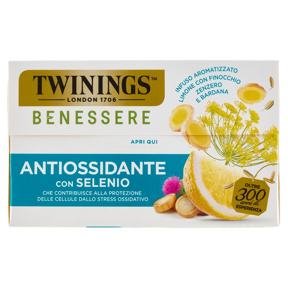 Twinings Benessere Antiossidante Infuso Aromatizzato Limone con Finocchio Zenzero e Bardana 18 Filtri
