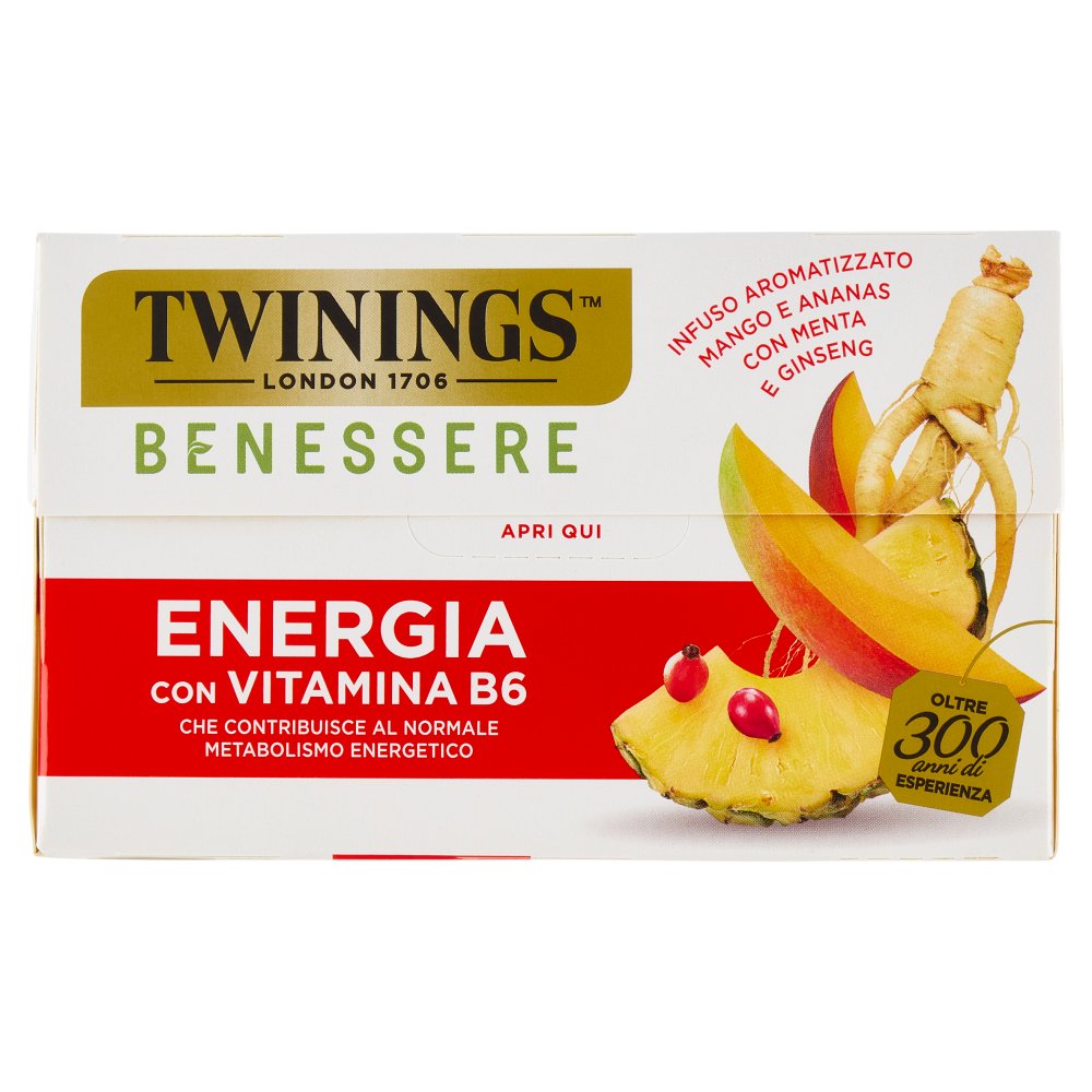 Twinings Benessere Energia Infuso Aromatizzato Mango e Ananas con Menta e Ginseng 18 Filtri