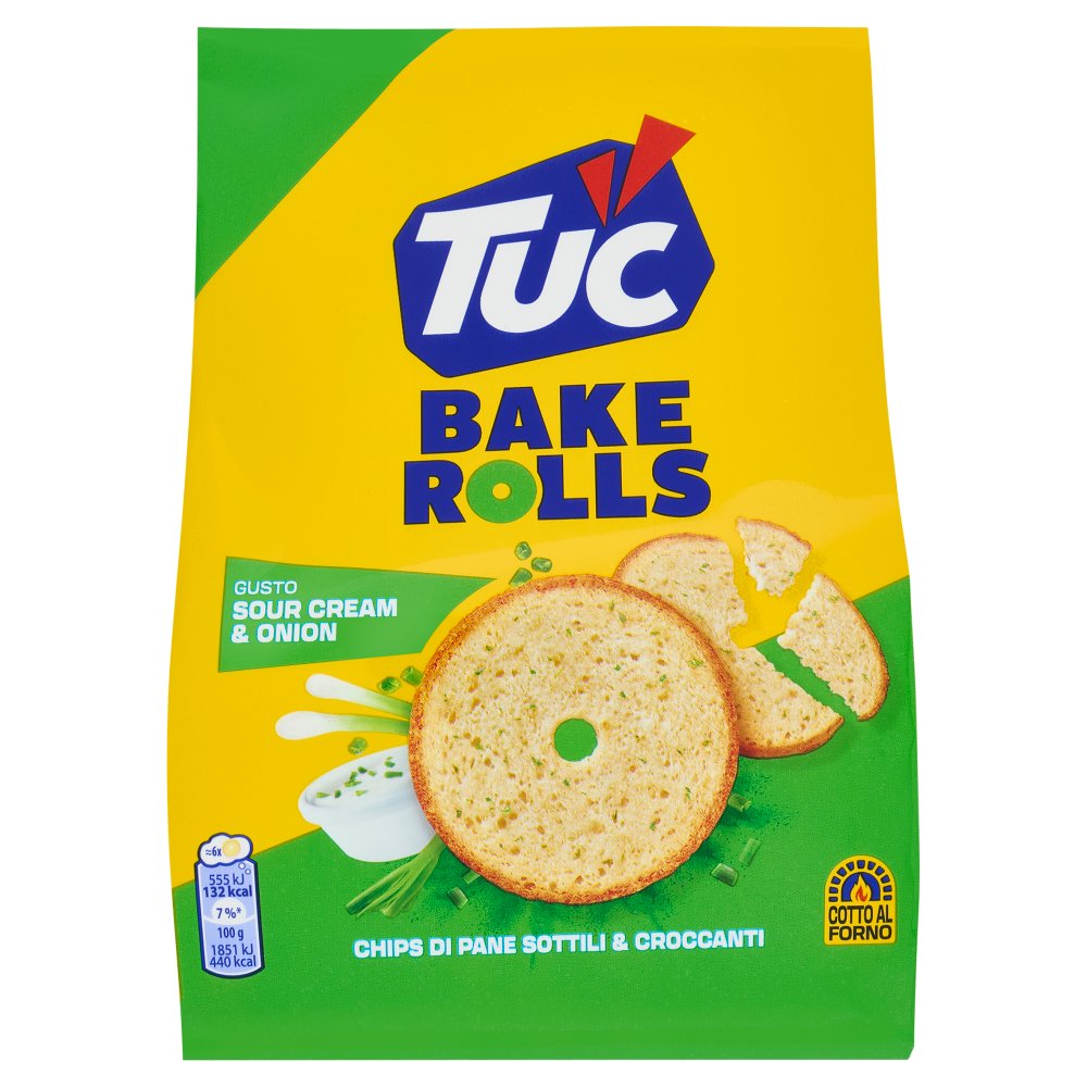 Tuc Bake Rolls Chips di Pane Sottile e Croccante Gusto Sour Cream e Onion Gr.150