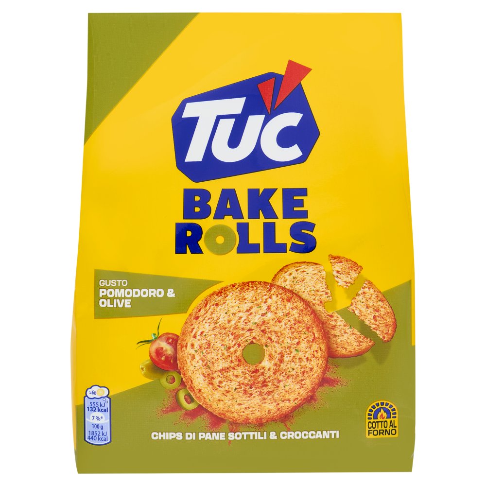 Tuc Bake Rolls Chips di Pane Sottile e Croccante Gusto Pomodoro ed Olive Gr.150