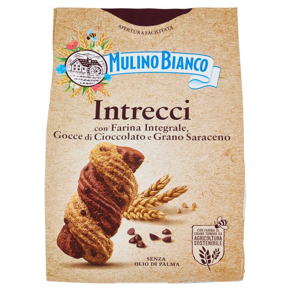 Mulino Bianco Intrecci Biscotti Integrali con Frolla al Cacao e Gocce di Cioccolato Gr.300