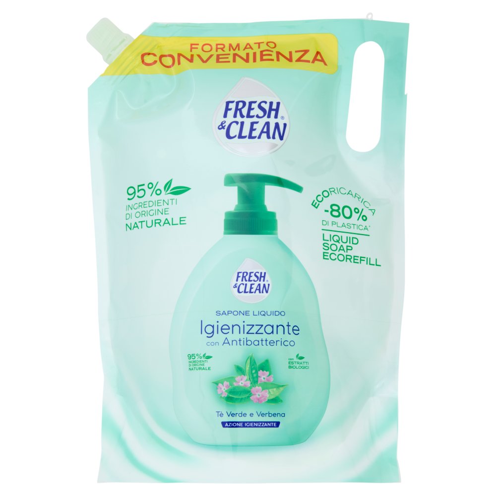Fresh & Clean Sapone Liquido Ecoricarica Igienizzante con Antibatterico Tè Verde e Verbena Lt.1