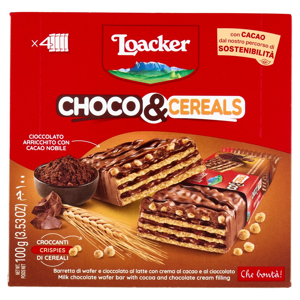 Loacker Choco & Cereals Barrette di Wafer e Cioccolato al Latte con Crema al Cioccolato Pz.4 X Gr.25