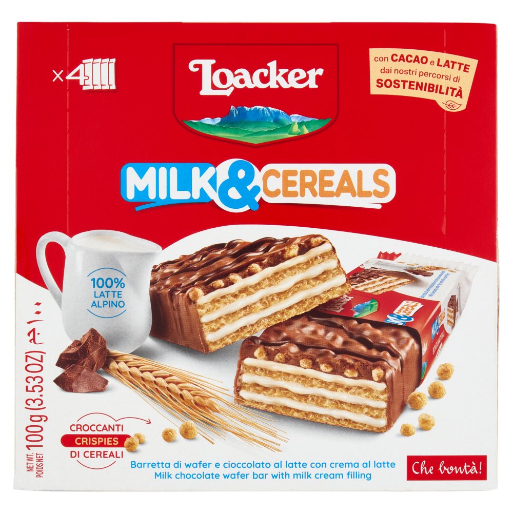 Loacker Milk & Cereals Barrette di Wafer e Cioccolato al Latte con crema al Latte Pz.4 X Gr.25