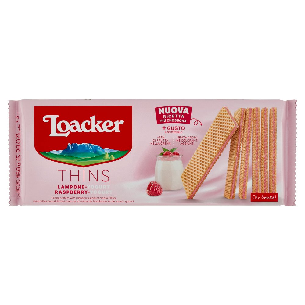 Loacker Wafer Thins Lampone Yogurt con Crema ai Lamponi con Yogurt Magro Wafers Gr.150