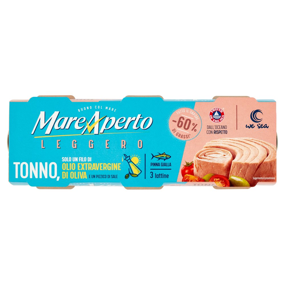 Mare Aperto Tonno Leggero con Solo un Filo di Olio Extra Vergine di Oliva e un Pizzico di Sale Pz.3 X Gr.60