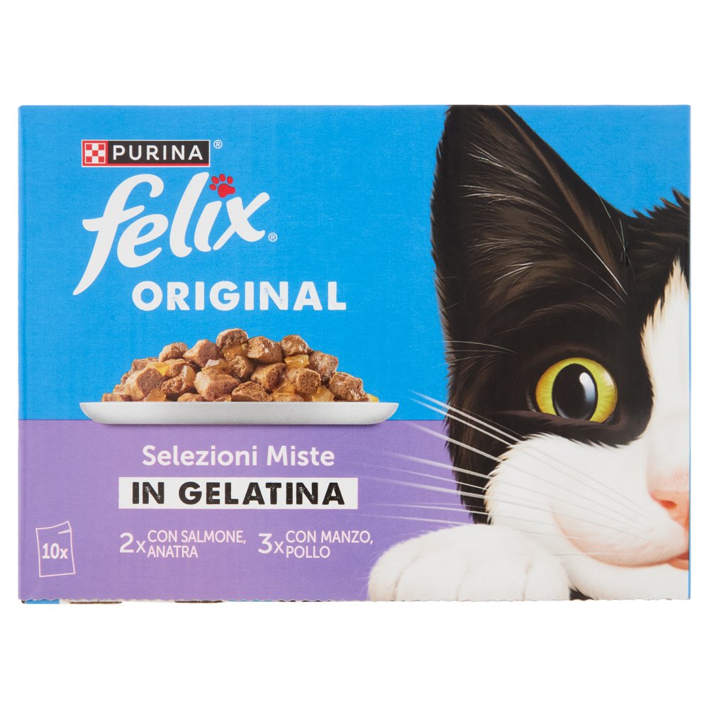 FELIX Original Selezioni Miste in Gelatina Salmone, Manzo, Pollo, Anatra 10x85g