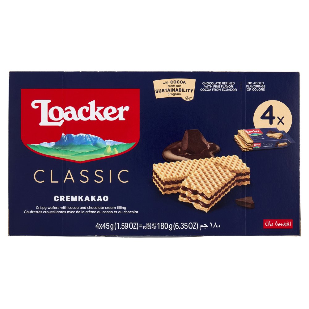 Loacker Classic Cremkakao Wafer con Crema al Cioccolato e Cacao Nobile dell'Ecuador Pz.4 X Gr.45
