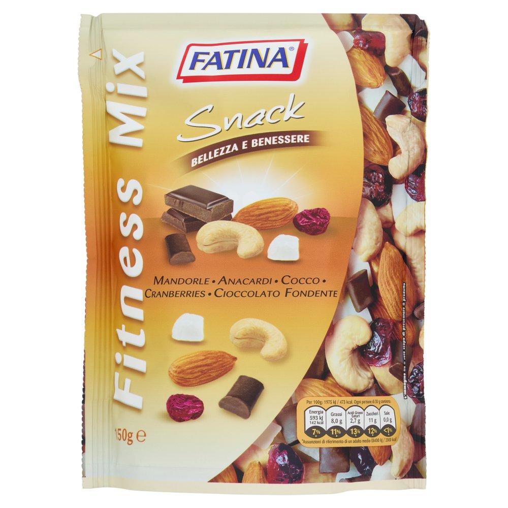 Fatina Fitness Mix Snack Mandorle Anacardi Cocco Cranberries e Cioccolato Fondente Gr.150