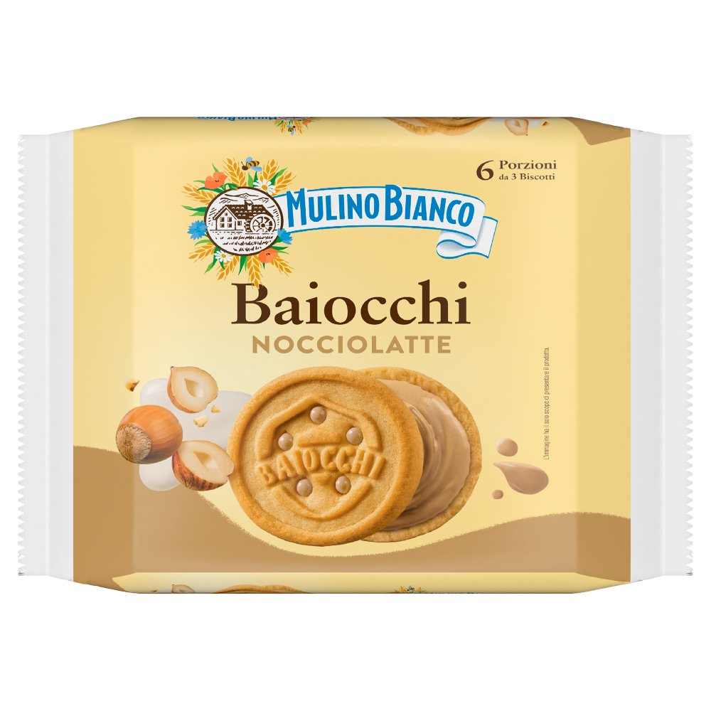 Mulino Bianco Baiocchi Biscotti Farciti con Crema Nocciole e Latte Pz.6 Gr.168