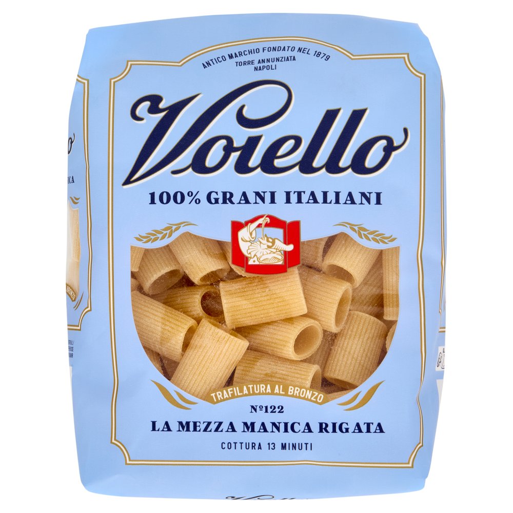 Voiello La Mezza Manica Rigata N°122 Pasta Trafilata al Bronzo di Grano Aureo 100% Italiano Gr.500
