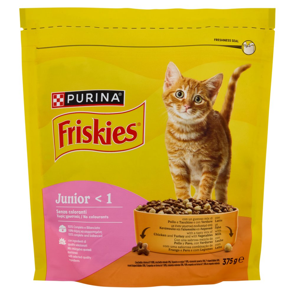 Purina Friskies per Gatto Junior Crocchette con Pollo Verdure e Latte Gr.375