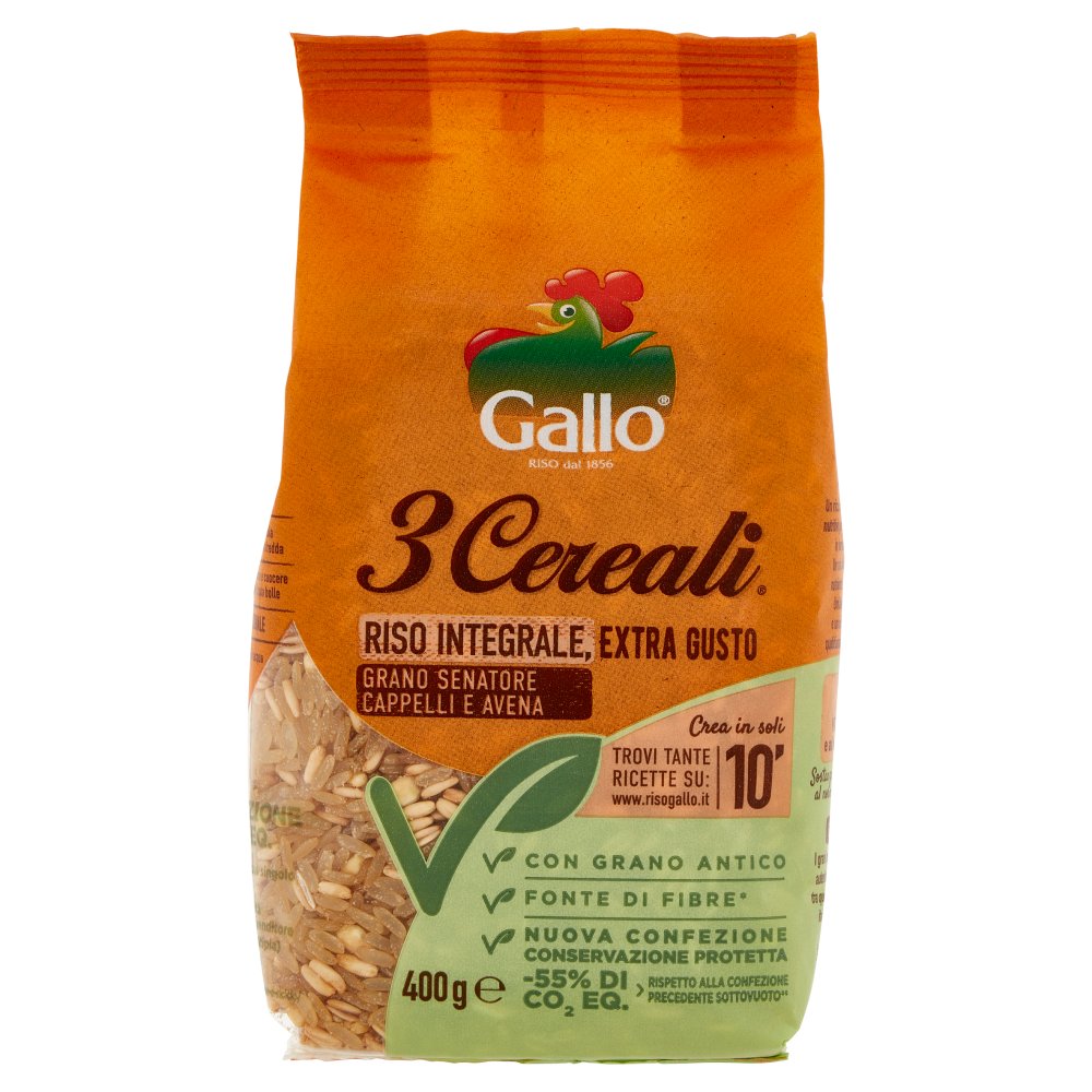 Riso Gallo 3 Cereali con Riso Integrale, Avena e Grano Senatore Cappelli Gr.400