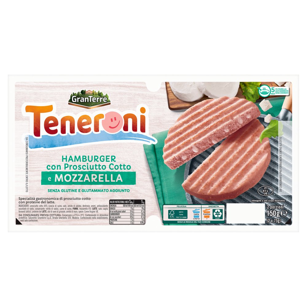 Casa Modena Teneroni Hamburger con Prosciutto Cotto e Mozzarella Pz.2 Gr.75