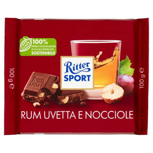 [000007299] Ritter Sport Cioccolato Rum, Uvetta e Nocciole Gr.100