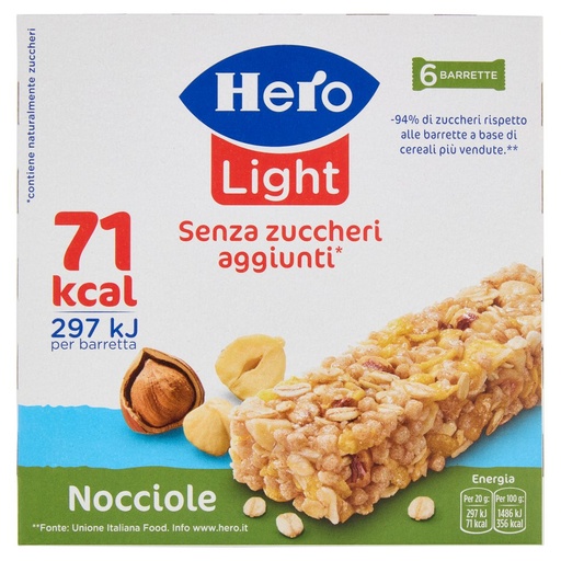 [000018350] Hero Barrette Light alla Nocciola senza Zuccheri Aggiunti Gr.120 Pz.6
