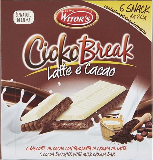 [000018561] Witor's CiokoBreak Snack Latte e Cacao Senza Olio di Palma Gr.120