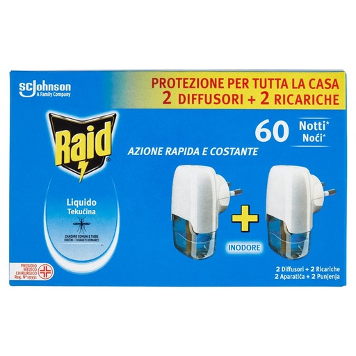 [000023570] Raid Insetticida Liquido contro Zanzare Tigre e Comuni 2 Diffusori + 2 Ricariche