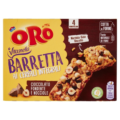 [000037618] Oro Saiwa Barretta ai Cereali Integrali con Cioccolato e Nocciole Gr.40 Pz.4