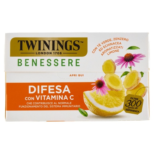 [000038883] Twinings Benessere Difesa con Tè Verde Zenzero ed Echinacea Aromatizzati Limone 18 Filtri