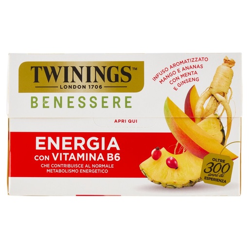 [000038884] Twinings Benessere Energia Infuso Aromatizzato Mango e Ananas con Menta e Ginseng 18 Filtri