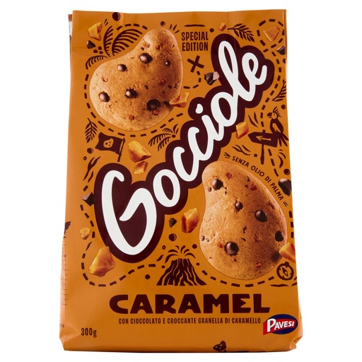 [000038907] Pavesi Gocciole Caramel Biscotti con Gocce di Cioccolato e Caramello Gr.300