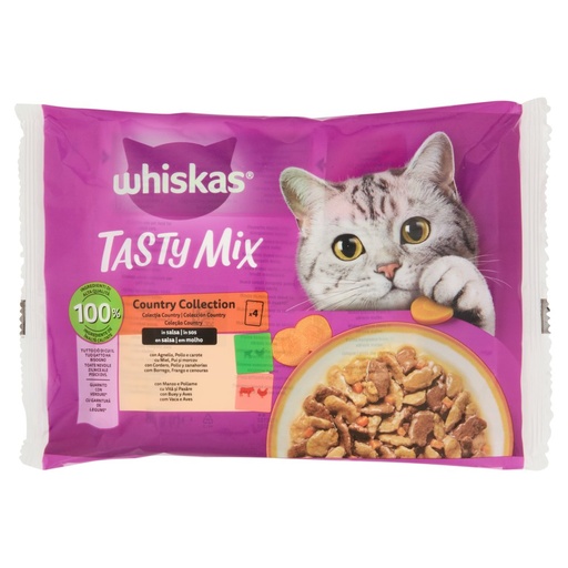 [801513336] WHISKAS Tasty Mix 1+ Country Collection in Busta Agnello Pollame Carote Manzo in Salsa Pz.4 Gr.85