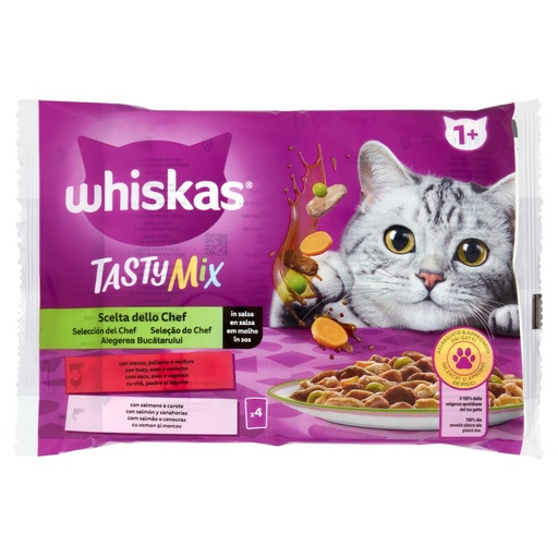 [801513337] WHISKAS Tasty Mix 1+ Scelta dello Chef in Busta Manzo Pollame Verdure Carote in Salsa Pz.4 Gr.85