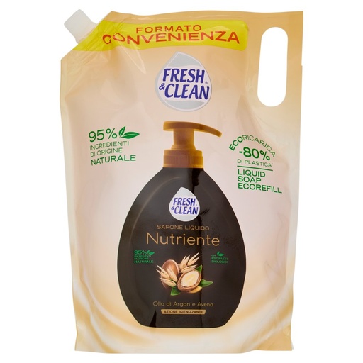[801513914] Fresh & Clean Sapone Liquido Ecoricarica Nutriente Olio di Argan e Avena Lt.1