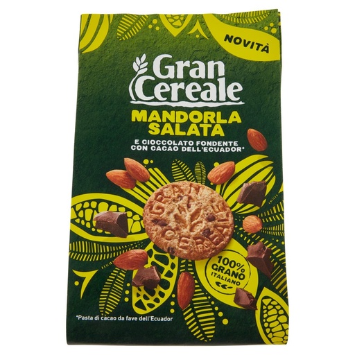 [801514950] Gran Cereale Biscotti con Mandorla Salata e Cioccolato Fondente con Fave dell'Ecuador Gr.280