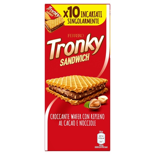 [801515125] Ferrero Tronky Sandwich Wafer Croccante Ripieno al Cacao e Nocciole Pz.10 Gr.220