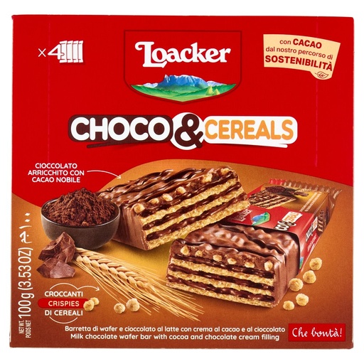 [801515148] Loacker Choco & Cereals Barrette di Wafer e Cioccolato al Latte con Crema al Cioccolato Pz.4 X Gr.25
