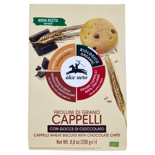 [000022536] ALCE NERO FROLLINI BIO GRANO CAPPELLI C/ GOCCE CIOCC. G.250| Imb. 12