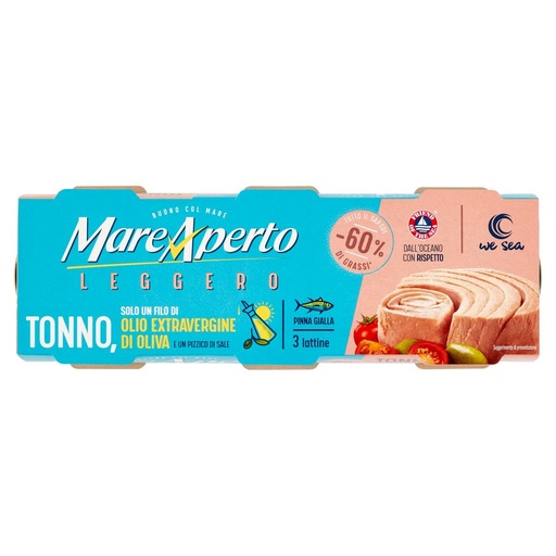 [000036688] Mare Aperto Tonno Leggero con Solo un Filo di Olio Extra Vergine di Oliva e un Pizzico di Sale Pz.3 X Gr.60