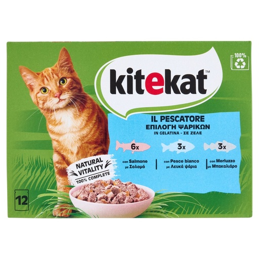 [801517450] Kitekat Cibo Umido per Gatti con Salmone Pesce bianco e Merluzzo in Gelatina Pz.12 Gr.85