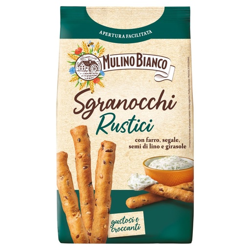 [801518143] Mulino Bianco Sgranocchi Rustici Grissini con Farro Segale Semi di Lino e Girasole Gr.200