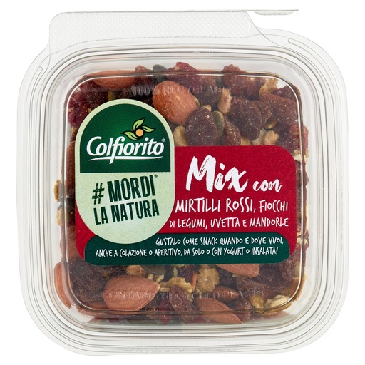 [801518504] Colfiorito Mordi la Natura Mix con Mirtilli Rossi Fiocchi di Legumi Uvetta e Mandorle Gr.180