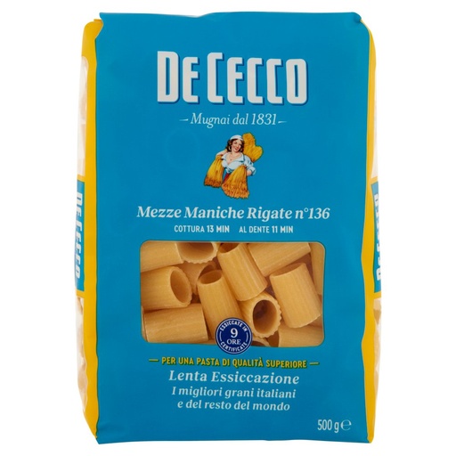 [000000295] De Cecco Mezze Maniche Rigate N°136 Gr.500