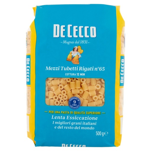 [000000297] De Cecco Mezzi Tubetti Rigati N°65 Gr.500