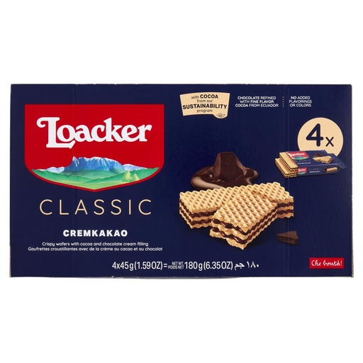 [000000951] Loacker Classic Cremkakao Wafer con Crema al Cioccolato e Cacao Nobile dell'Ecuador Pz.4 X Gr.45