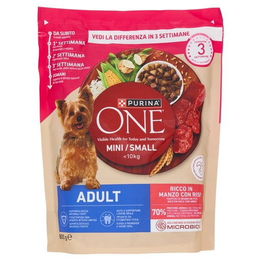 [000000970] Purina One Cane Mini Adult Crocchette con Manzo/Riso Gr.800