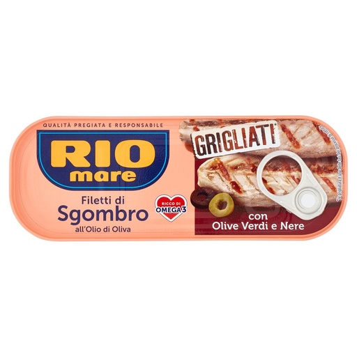 [000001169] Rio Mare Filetti di Sgombro all'Olio di Oliva con Olive Verdi e Nere Grigliati Gr.120