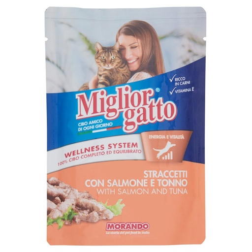 [000002773] Miglior Gatto Straccetti con Salmone e Tonno Gr.100