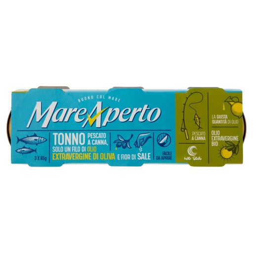 [000004766] Mare Aperto Tonno Pescato a Canna in Olio Extra Vergine di Oliva Pz.3 X Gr.65