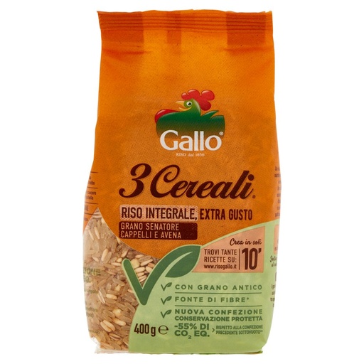 [000007164] Riso Gallo 3 Cereali con Riso Integrale, Avena e Grano Senatore Cappelli Gr.400