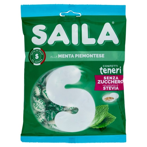 [000007209] Saila Confetti Teneri alla Menta Piemontese Senza Zucchero con Estratto di Stevia Gr.75